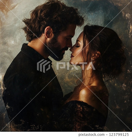 Real love. Beautiful young couple bonding and smiling while sitting in the bedroom. Postcard for couple in love, wedding card, atmosphere of love devotion h 123799125