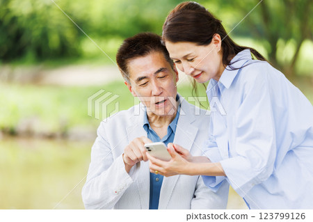Senior couple taking a selfie with a smartphone Senior couple taking a selfie with a smartphone 123799126