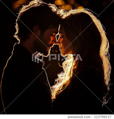 Real love. Beautiful young couple bonding and smiling while sitting in the bedroom. Postcard for couple in love, wedding card, atmosphere of love devotion h 123799217