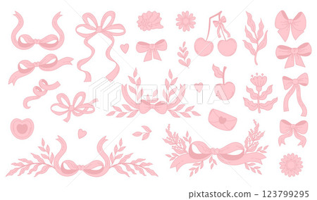 Vintage coquette aesthetic pink ribbon bow with plants, cherry, heart and shell set. Romantic girly vibe. Vector illustration. Isolated Trendy elements perfect for designs, invitations and decoration Vintage coquette aesthetic pink ribbon bow with plants, cherry, heart and shell set. Romantic girly vibe. Vector illustration. Isolated Trendy elements perfect for designs, invitations and decoration 123799295