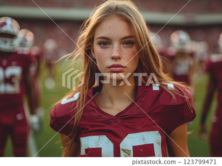 Beautiful young female football player with teammates on field during training moment.AI Generative. 123799471