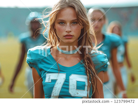 Beautiful young female football player with teammates on field during training moment.AI Generative. 123799472