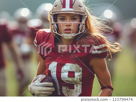 Beautiful young female football player with teammates on field during training moment.AI Generative. 123799474