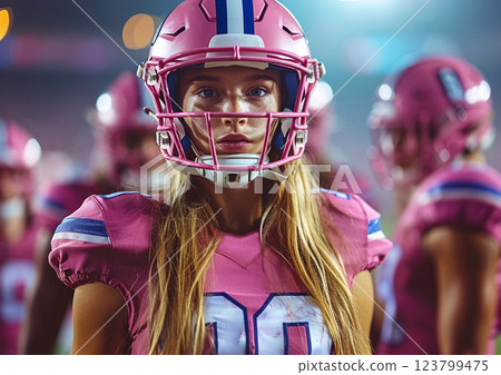 Beautiful young female football player after winning difficult match.Marco.AI Generative. 123799475