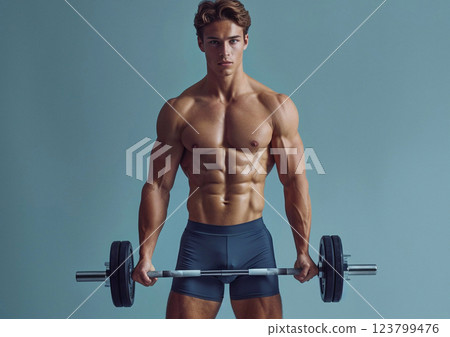 Young fit male athlete holding barbell with weight for biceps exercise.Macro.AI Generative. 123799476