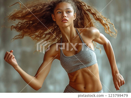 Beautiful young athletic woman with fit body during workout training moment.Macro.AI Generative. 123799479