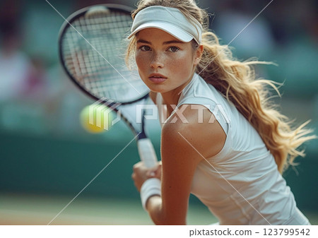 Professional female tennis player in action during difficult match.Macro.AI Generative. 123799542