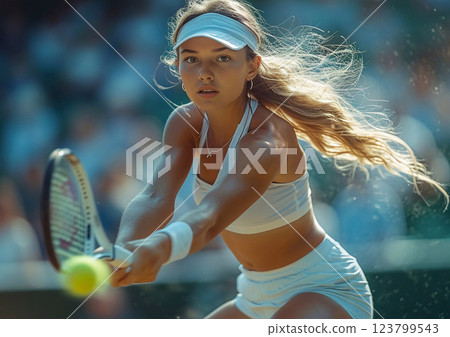Professional female tennis player in action during difficult match.Macro.AI Generative. Professional female tennis player in action during difficult match.Macro.AI Generative. 123799543