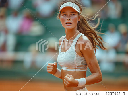 Professional female tennis player celebrating after winning difficult match.Macro.AI Generative. Professional female tennis player celebrating after winning difficult match.Macro.AI Generative. 123799545