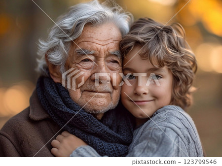 Portrait of grandson and grandfather showing love and care.Macro.AI Generative. Portrait of grandson and grandfather showing love and care.Macro.AI Generative. 123799546