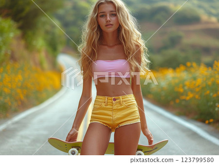 Beautiful blonde young woman holding skateboard in the middle of the road.Macro.AI Generative. 123799580