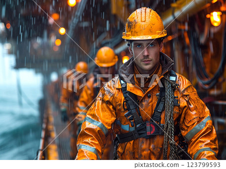 Oil and gas workers wearing orange helmet and coveral walking through drilling.Macro.AI Generative. 123799593