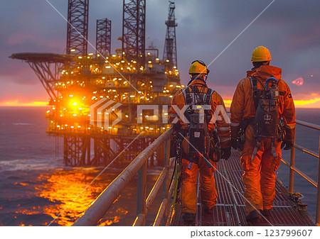 Rough weather north sea drilling production platform and oil and gas industry workers.AI Generative. 123799607