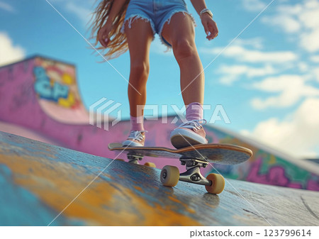 Photo of young woman on skateboard in skate park with jeans shorts and fit legs.Macro.AI Generative. 123799614