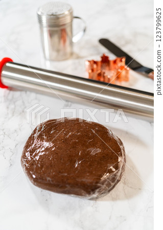 A ball of Chocolate Ginger Sugar Cookie dough wrapped in plastic, placed on a marble surface with baking tools in the background. Close-up perspective. A ball of Chocolate Ginger Sugar Cookie dough wrapped in plastic, placed on a marble surface with baking tools in the background. Close-up perspective. 123799625