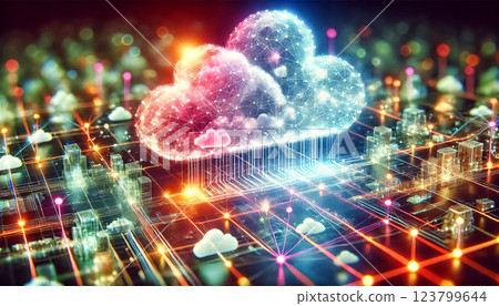 Abstract image of cloud computer networking with interconnected cloud shapes and luminous neon data streams. Complex network patterns represent the dynamic flow of digital information. 123799644