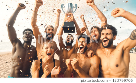 A close-up shot captures a mixed-gender, multiracial beach volleyball team celebrating their championship victory with confetti in the air. The players hold the trophy high, with joy and excitement on A close-up shot captures a mixed-gender, multiracial beach volleyball team celebrating their championship victory with confetti in the air. The players hold the trophy high, with joy and excitement on 123799706