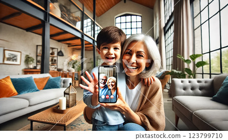 Both images capture mothers and their three-year-old sons from diverse ethnic backgrounds, seen from behind during joyful video calls with grandparents. The stylish living rooms feature contemporary 123799710