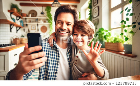 Both images showcase a father and his young son smiling and waving at a phone, capturing the joy of a video call in a cozy home setting. The natural light and candid expressions emphasize the warmth 123799713