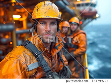 Portrait of oil and gas workers wearing orange helmet.Macro.AI Generative. 123799725