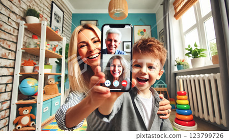 Both images capture a mother and her three-year-old son from behind, smiling and waving at the phone during a video call with their grandparents. The vibrant, toy-filled boy's room adds to the warm Both images capture a mother and her three-year-old son from behind, smiling and waving at the phone during a video call with their grandparents. The vibrant, toy-filled boy's room adds to the warm 123799726