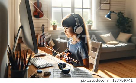 In a sunlit cozy room, a focused young girl with fair skin practices violin through an online tutorial, her violin ready by her side, signaling her dedication to mastering the instrument. 123799741