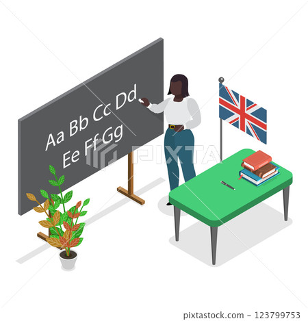 3D Isometric Flat Vector Set of School Teachers, Lecturers Teaching in Class. Item 4 123799753