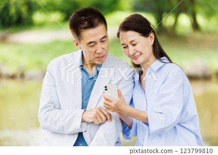 Senior couple taking pictures with a smartphone Senior couple taking pictures with a smartphone 123799810