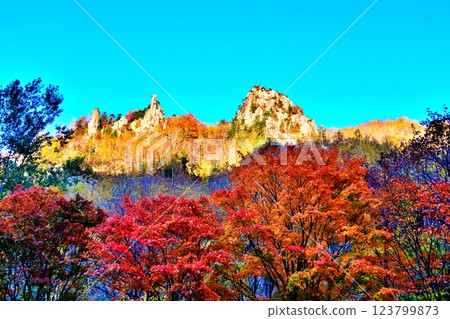 The Sounkyo Valley and autumn leaves on a clear autumn day in Hokkaido The Sounkyo Valley and autumn leaves on a clear autumn day in Hokkaido 123799873