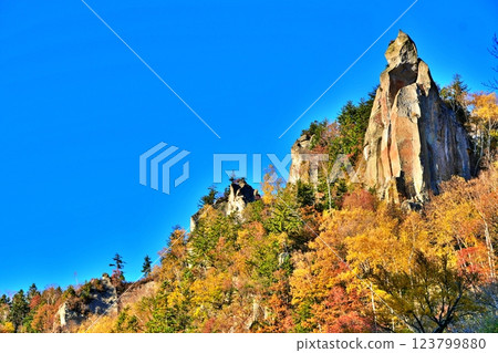 The Sounkyo Valley and autumn leaves on a clear autumn day in Hokkaido The Sounkyo Valley and autumn leaves on a clear autumn day in Hokkaido 123799880