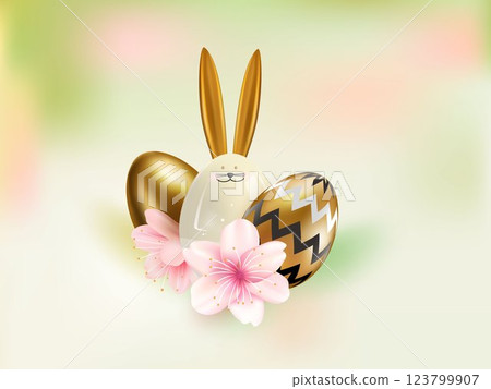 Easter poster with ceramic rabbit, flowers, golden eggs decorated with pattern. Easter greetings and gifts. Easter promotion and shopping template. Vector Easter poster with ceramic rabbit, flowers, golden eggs decorated with pattern. Easter greetings and gifts. Easter promotion and shopping template. Vector 123799907
