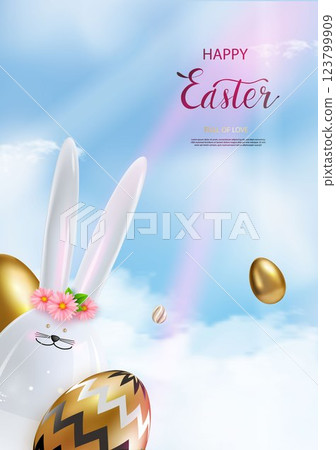 Easter poster with ceramic bunny, flowers, golden eggs decorated with a pattern. On the sky background. Easter greetings and gifts. Easter promotion and shopping template. Vector Easter poster with ceramic bunny, flowers, golden eggs decorated with a pattern. On the sky background. Easter greetings and gifts. Easter promotion and shopping template. Vector 123799909