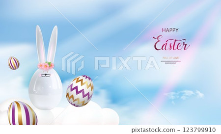 Easter poster with ceramic bunny, flowers, golden eggs decorated with a pattern. On the sky background. Easter greetings and gifts. Easter promotion and shopping template. Easter poster with ceramic bunny, flowers, golden eggs decorated with a pattern. On the sky background. Easter greetings and gifts. Easter promotion and shopping template. 123799910