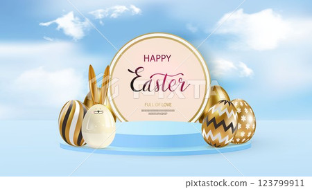 Happy Easter product display poster. Blue pedestal or podium with golden eggs and bunny on sky background. Vector 123799911