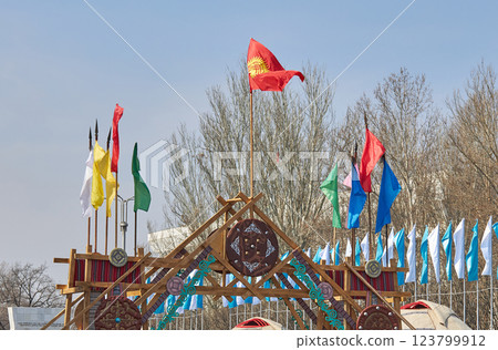 Nooruz celebration, festive flags on Ala-Too city square 123799912