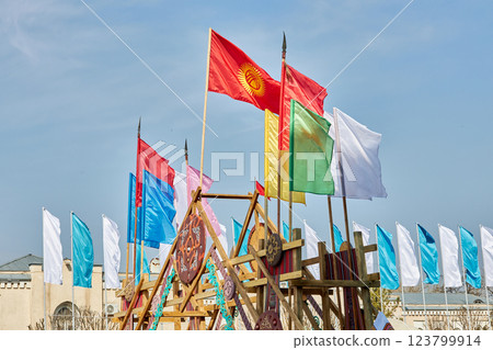 Nooruz celebration, festive flags on Ala-Too city square Nooruz celebration, festive flags on Ala-Too city square 123799914