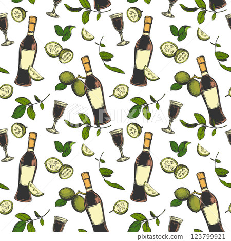 Bottle of Italian liqueur Nocino, glass with aperitif. Vector seamless pattern in color engraving technique. Unripe walnut seeds whole and halves, leaves and branches. Linear sketch in ink. 123799921