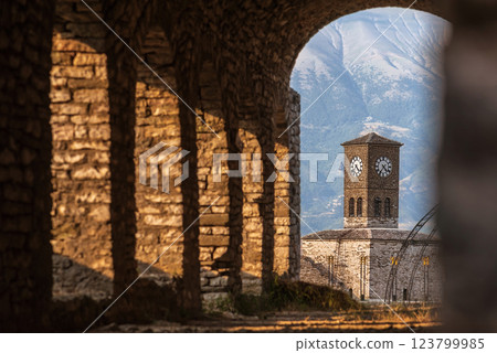 Sunset over Clock Tower and Fortress at Gjirokastra Castle 123799985