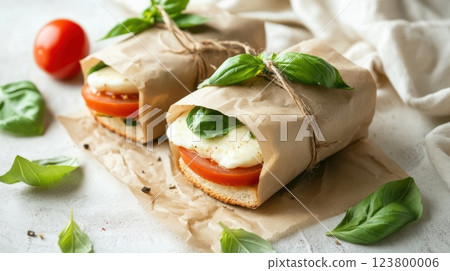 mini panini with melted mozzarella, fresh basil leaves, and ripe tomato slices wrapped in rustic kraft paper with twine, cozy and delicate composition with diffused lighting, light airy background 123800006