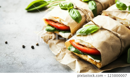 mini panini with melted mozzarella, fresh basil leaves, and ripe tomato slices wrapped in rustic kraft paper with twine, cozy and delicate composition with diffused lighting, light airy background 123800007