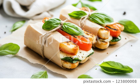 mini panini with melted mozzarella, fresh basil leaves, and ripe tomato slices wrapped in rustic kraft paper with twine, cozy and delicate composition with diffused lighting, light airy background mini panini with melted mozzarella, fresh basil leaves, and ripe tomato slices wrapped in rustic kraft paper with twine, cozy and delicate composition with diffused lighting, light airy background 123800008
