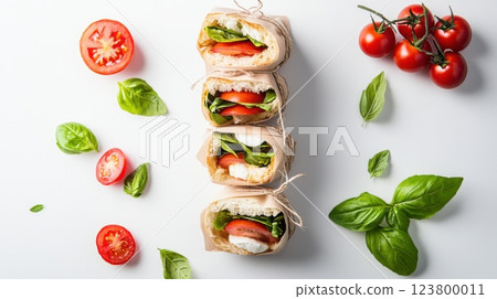 mini panini with melted mozzarella, fresh basil, and ripe tomato slices wrapped in rustic kraft paper with twine, soft and delicate style with diffused lighting 123800011