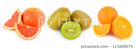 juicy kiwi, orange and grapefruit isolated on white background. There is free space for text. Collage. Wide photo. 123800079