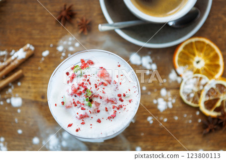 Strawberry granita with prosecco foam. Delicious sweet dessert food closeup served for lunch in modern gourmet cuisine restaurant 123800113