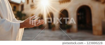Hand of Jesus reaching out with light in spiritual scene, copy space background Hand of Jesus reaching out with light in spiritual scene, copy space background 123800228