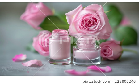 Elegant pink rose cosmetics with blurred background for beauty branding 123800246