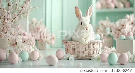 Easter bunny in pastel wonderland with colorful eggs and blossoms for spring celebration 123800247
