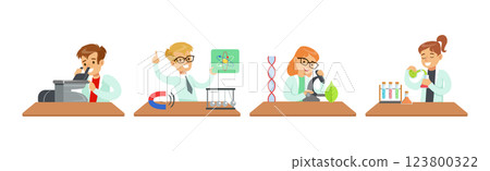 Boy and Girl Scientist at Laboratory Coat Conduct Experiment Vector Set 123800322