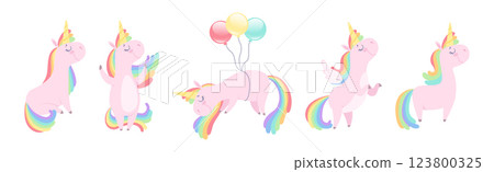 Funny Pink Unicorn Mythological and Magical Creature Vector Set 123800325