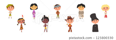 Kids in Traditional National Costume and Dress Vector Set 123800330